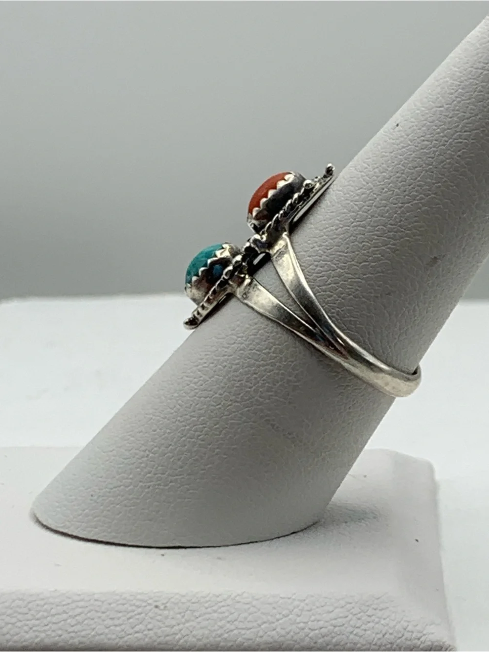 VTG Signed D. PAUL Navajo 925 Silver Turquoise Coral Bypass Ring 7.5